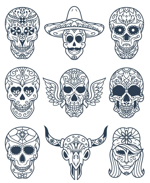 Een aantal decoratieve suiker schedel illustraties, geweldig voor de dag van de doden of gedrukt op verschillende producten. — Stockvector
