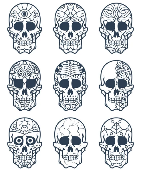 Um conjunto de ilustrações decorativas do crânio de açúcar, ótimas para o Dia dos Mortos ou impressas em diferentes produtos . — Vetor de Stock