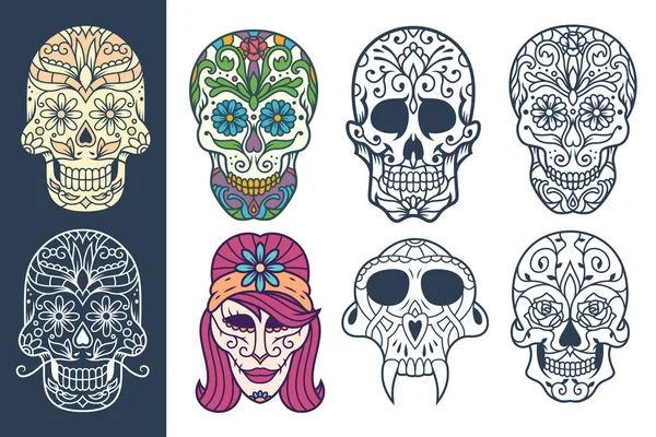 Um conjunto de ilustrações decorativas do crânio de açúcar, ótimas para o Dia dos Mortos ou impressas em diferentes produtos . — Vetor de Stock