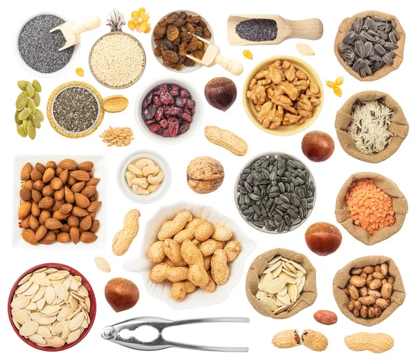 Tahıl, fasulye, fındık ve tohum beyaz arka plan üzerinde izole