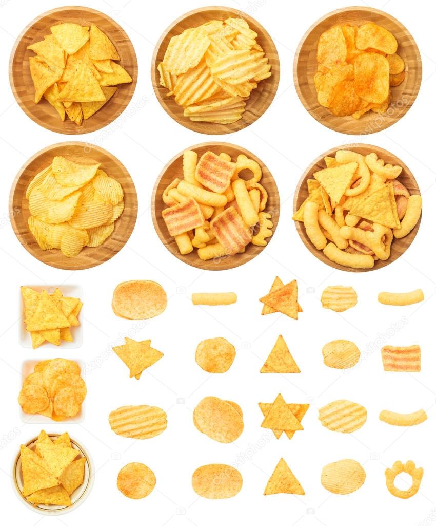 Chips, Tortilla, and Corn Puffs Isolated on White Background
