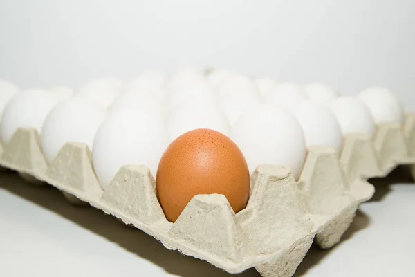 Jest wiele jaj kurzych w kartonie na sprzedaż. — Zdjęcie stockowe
