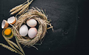 Tavuk yumurta yuvada. Ahşap resmi siyah bir arka plan için. Üstten Görünüm. Boş alan.