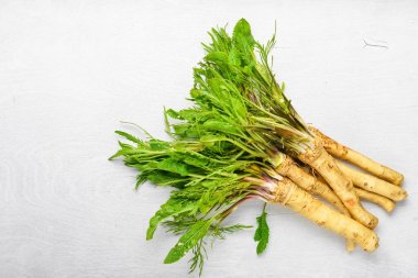 Taze horseradish. Beyaz ahşap Resepsiyon. Üstten Görünüm.