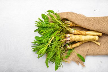 Taze horseradish. Beyaz ahşap Resepsiyon. Üstten Görünüm.