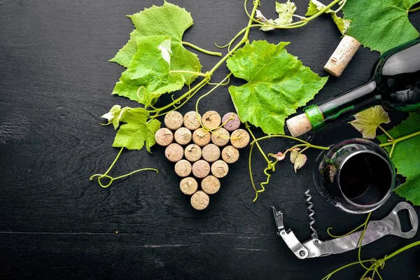 Üzüm cinayet sebebi. Bir şişe, bir bardak şarap ve üzüm yaprakları. Üstten Görünüm. Boş alan.