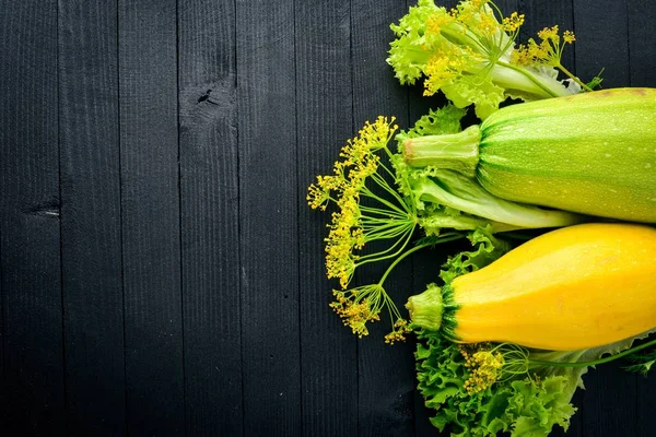 Squash ve otlar. Çiğ sebze üst görünümü. Metniniz için boş alan.