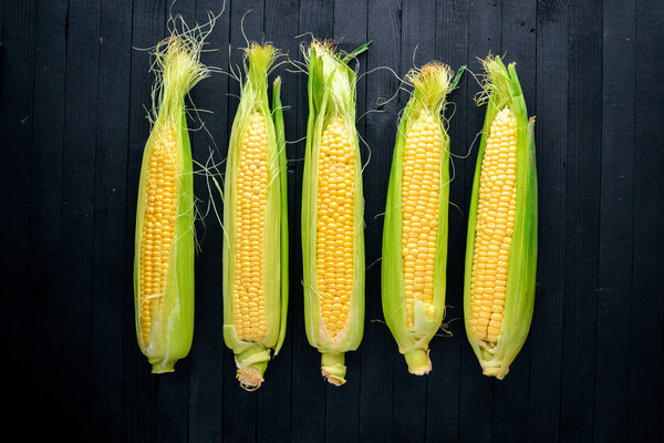 Corn. Raw Vegetables On a black wooden background. Top view. Free space for your text.