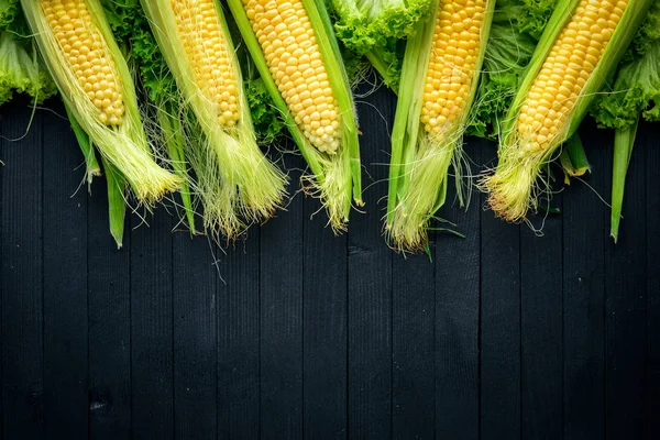 Mısır. Çiğ sebze siyah bir ahşap zemin üzerine. Üstten Görünüm. Metniniz için boş alan.