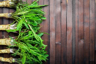 Kahverengi masa üzerinde taze horseradish