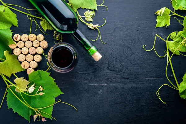 Виноградний мотив. Пляшка і келих вина і виноградного листя. Вид зверху. Вільний простір . — стокове фото