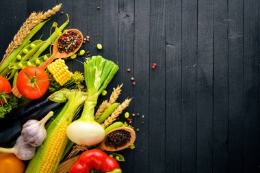 Büyük bir seçim çiğ taze sebze ve baharat. Siyah ahşap arka plan üzerinde. Üstten Görünüm. Metniniz için boş alan.