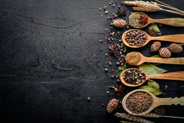 Güzel kokulu baharatlar kümesi. Siyah ve kırmızı biber, kişniş, kırmızı biber karışımı. Ahşap arka plan üzerinde. Üstten Görünüm. Boş alan.