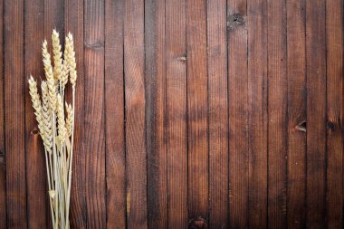 Buğday, yulaf, darı, arpa. Ahşap arka plan üzerinde. Üstten Görünüm.