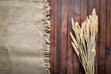 Buğday, yulaf, darı, arpa. Ahşap arka plan üzerinde. Üstten Görünüm.