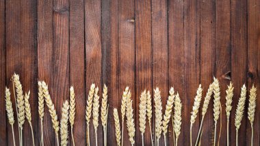 Buğday, yulaf, darı, arpa. Ahşap arka plan üzerinde. Üstten Görünüm.