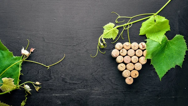 Üzüm cinayet sebebi. Şarap ve üzüm yaprakları mantar. Üstten Görünüm. Boş alan.