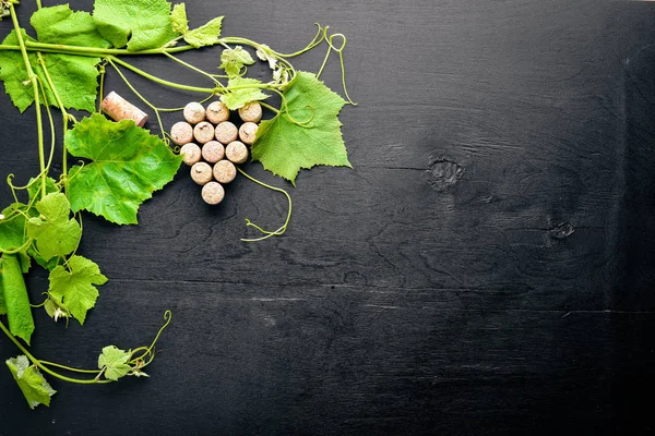 Üzüm cinayet sebebi. Şarap ve üzüm yaprakları mantar. Üstten Görünüm. Boş alan.