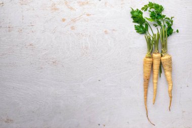 Maydanoz. Kök maydanoz. Ahşap bir arka plan üzerinde. Üstten Görünüm. Metin için boş alan.