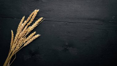 Buğday ahşap arka plan üzerinde. Üstten Görünüm. Metin için boş alan.