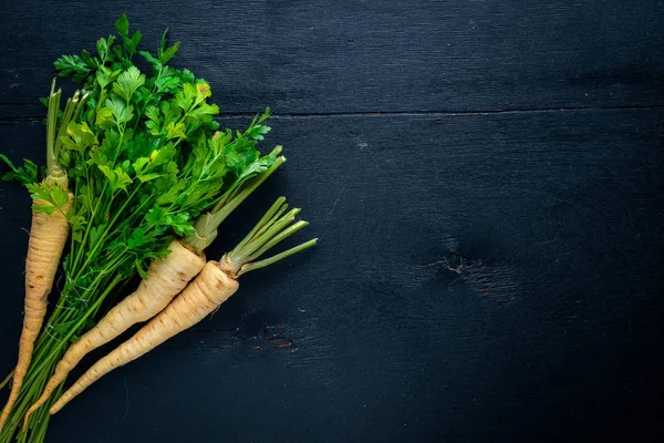 Parsley. Root parsley. On a wooden background. Top view. Free space for text.