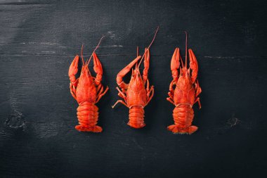 Istakoz. Deniz ürünleri. Ahşap bir arka plan üzerinde. Üstten Görünüm. Metniniz için boş alan.