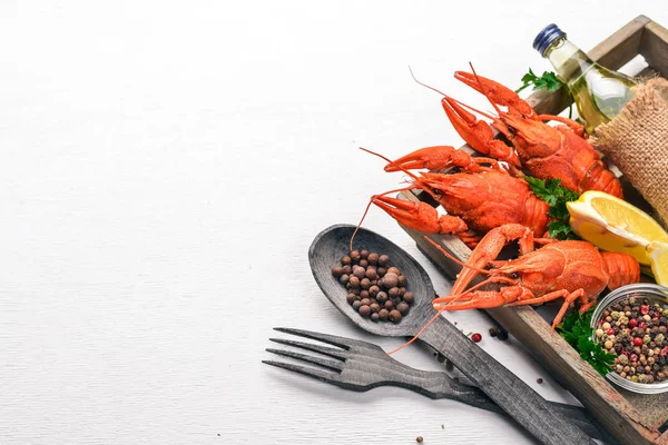 Lobster. Seafood. On a wooden background. Top view. Free space for your text. — Stock Photo, Image