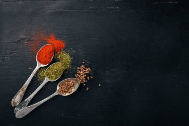 Baharat ve otlar. Baharatlar büyük bir ürün yelpazesine. Hint Mutfak. Ahşap masanın üstünde. Üstten Görünüm. Metin için boş alan.