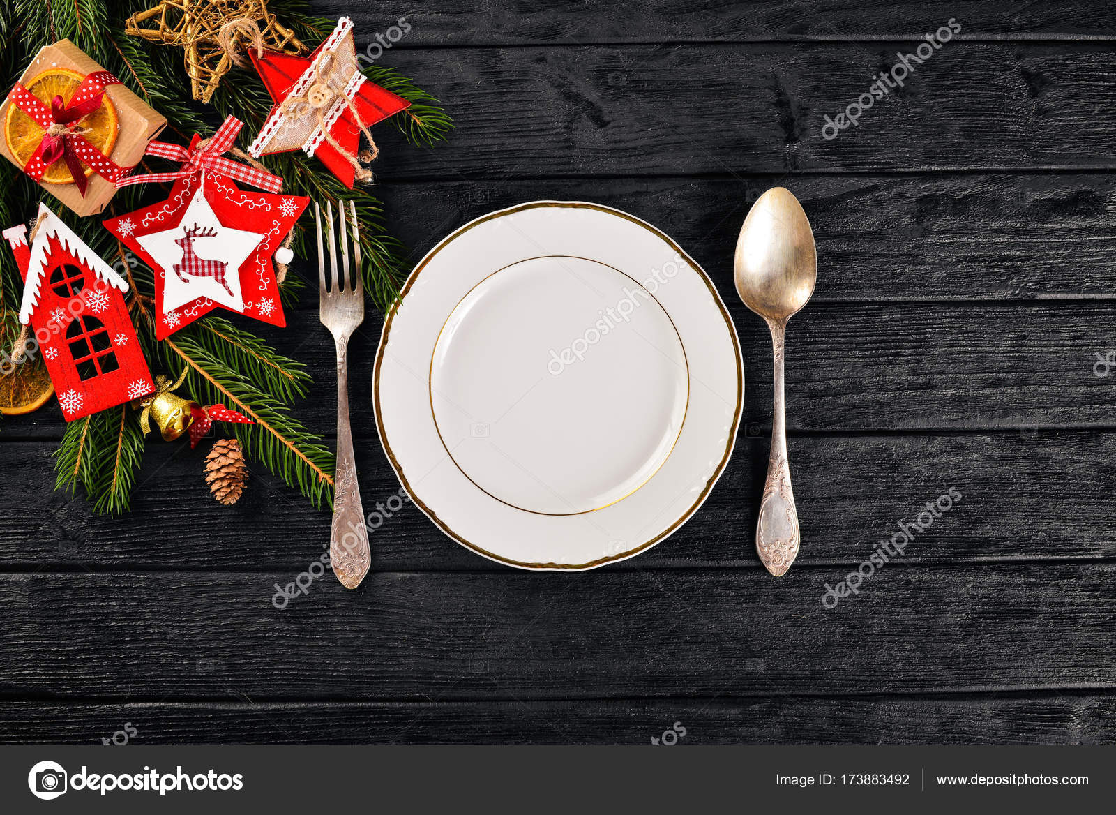 Christmas Table Decoration Christmas Dinner Plate Cutlery Decorated Festive Decorations Winter Holidays Christmas Card Free Space For Your Text Merry Christmas Happy New Year Stock Photo Image By C Yarunivphoto 173883492