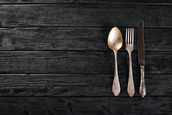 Cutlery. Vintage On a wooden background. Top view. Free space for text. — Stock Photo, Image