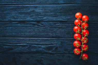 Ahşap arka plan üzerinde ince bir dal kiraz domates. Üstten Görünüm.