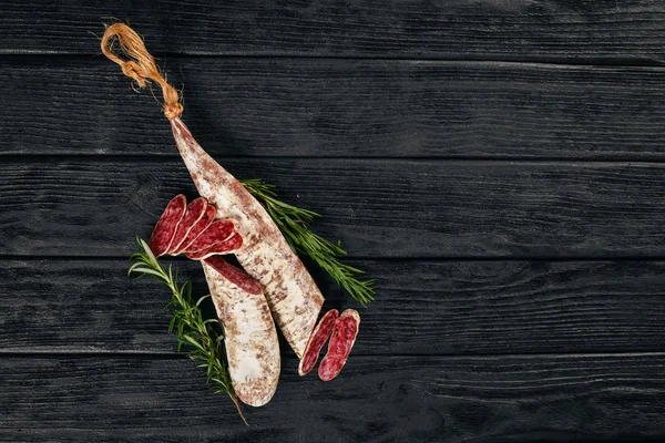 Fuet Salami Rosemary Traditional Spanish Sausage Black Wooden Background Top — Stock Photo, Image