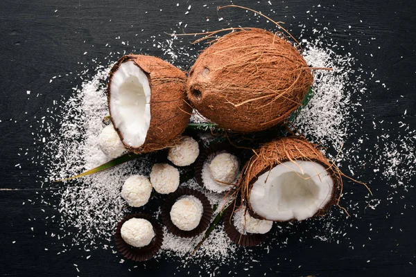Kokosnuss Kokosraspeln Und Kokosbonbons Ansicht Von Oben Freiraum Für Text — Stockfoto
