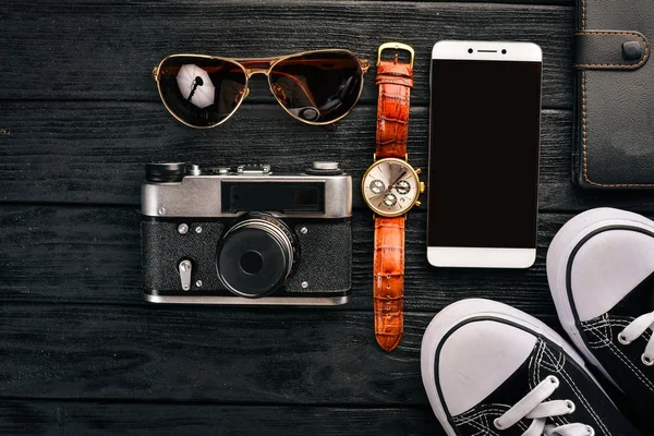 Travel Camera Sneakers Dollars Phone Watches Top View Free Space — Stock Photo, Image