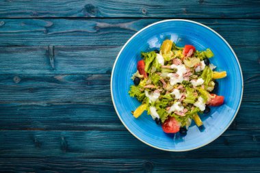 Sebze salatası ve mozzarella peyniri, ton balığı ve Kapari. İtalyan mutfağı. Metniniz için boş alan. Üstten Görünüm.