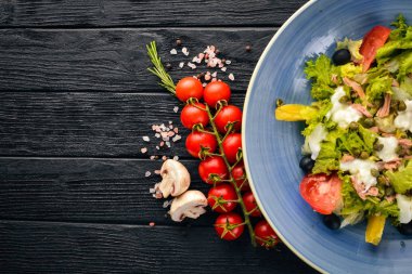 Sebze salatası ve mozzarella peyniri, ton balığı ve Kapari. İtalyan mutfağı. Metniniz için boş alan. Üstten Görünüm.