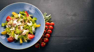 Sebze salatası ve mozzarella peyniri, ton balığı ve Kapari. İtalyan mutfağı. Metniniz için boş alan. Üstten Görünüm.