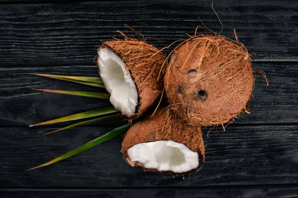 Kókusz Fából Készült Háttér Trópusi Gyümölcsök Diófélék Felülnézet Szabad Hely — Stock Fotó