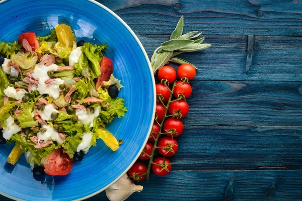 Ensalada Verduras Mozzarella Atún Alcaparras Cocina Italiana Espacio Libre Para —  Fotos de Stock