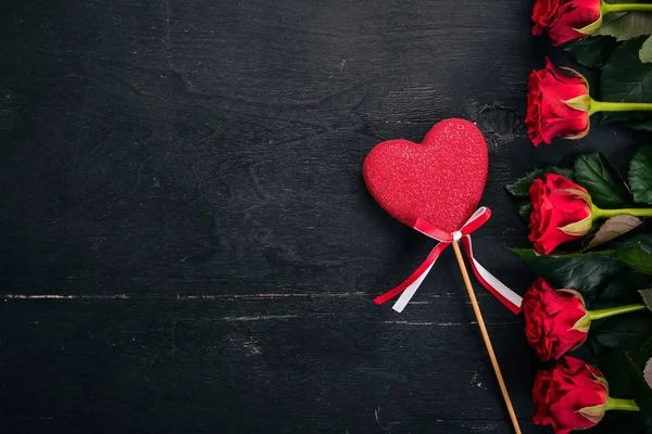 Bandiera San Valentino Rose Regalo Uno Sfondo Legno Vista Dall — Foto Stock