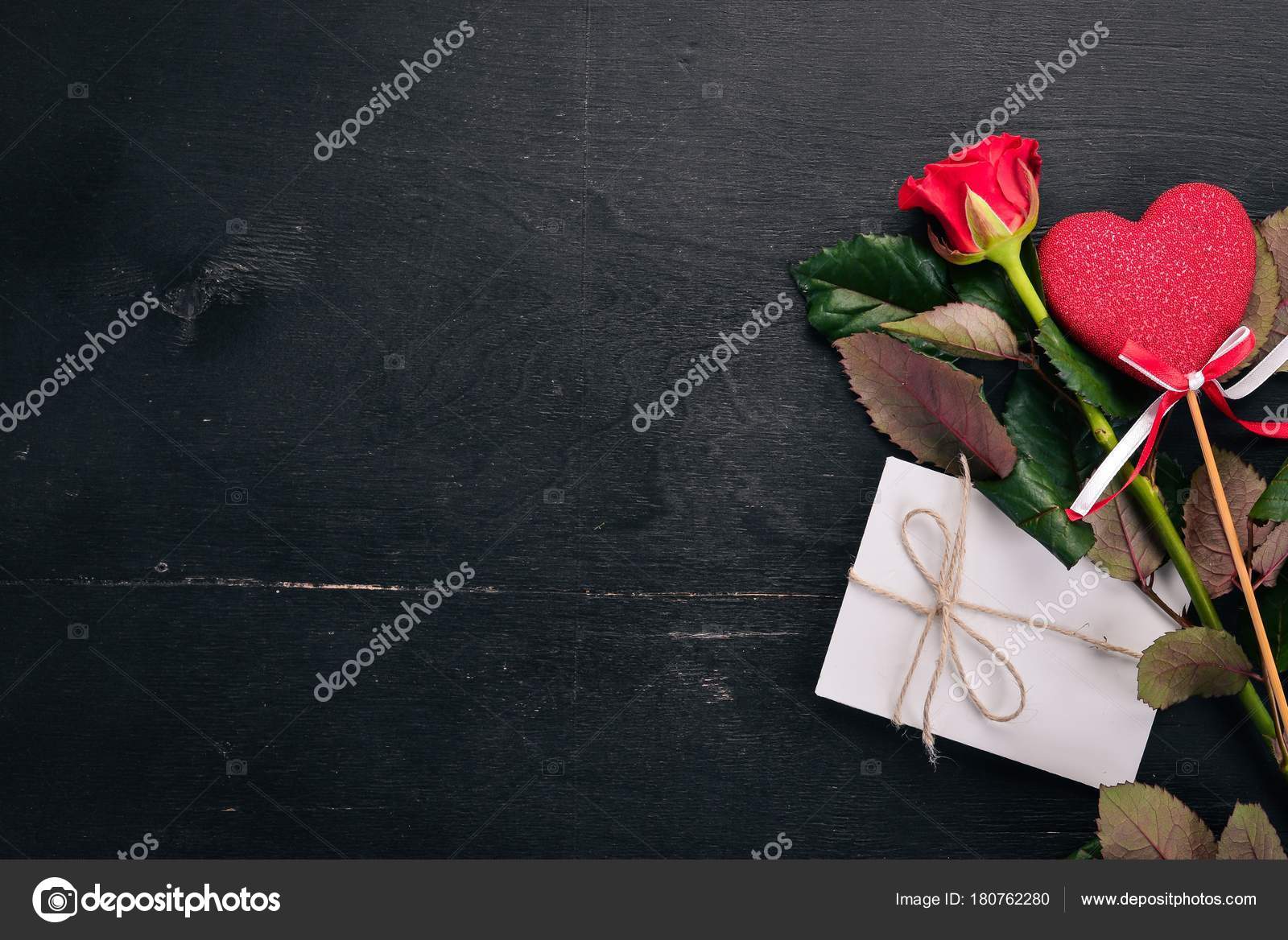 Letter Loved One Envelope Rose Gift Wooden Background Top View Stock