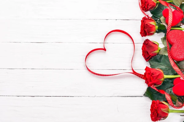 Banner Del Día San Valentín Rosas Regalo Sobre Fondo Madera —  Fotos de Stock