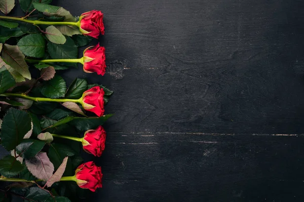 Red Rose Wooden Background Valentines Day Love Top View Free — Stock Photo, Image