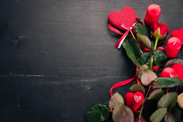 Bandiera San Valentino Rose Regalo Uno Sfondo Legno Vista Dall — Foto Stock