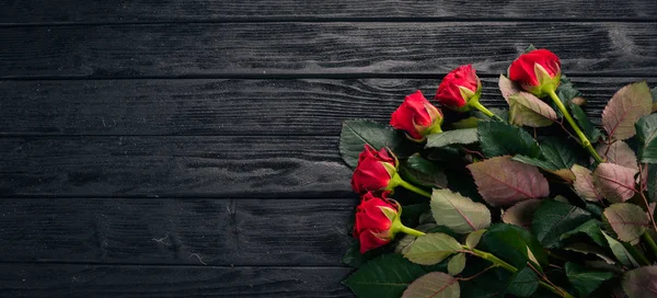 Red Rose Wooden Background Valentines Day Love Top View Free — Stock Photo, Image