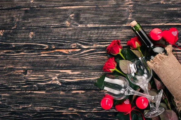 Bottle Red Wine Bouquet Red Roses Valentines Day Wooden Background — Stock Photo, Image