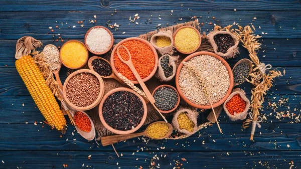 Set Groats Grains Buckwheat Lentils Rice Millet Barley Corn Black — Stock Photo, Image