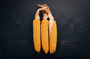 Kurutulmuş mısır ahşap arka plan üzerinde. Üstten Görünüm. Kopya alanı.