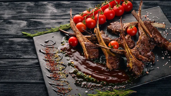 Costela Assada Grelhada Carneiro Leva Cordeiro Tagliateli Cozinha Italiana Espaço — Fotografia de Stock