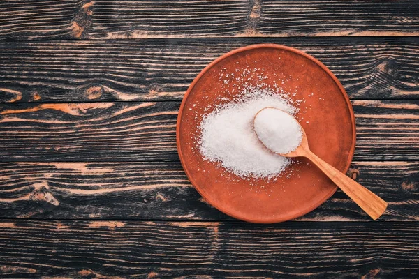 Salt Wooden Spoon Plate Wooden Background Top View Free Space — Stock Photo, Image